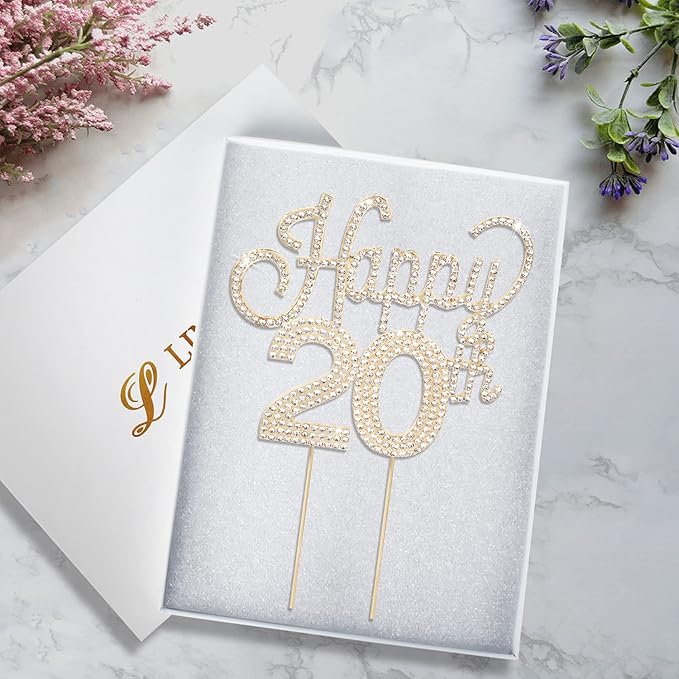 LINGTEER Happy 20th Birthday Gold Rhinestone Cake Topper - Cheers to 20th Birthday Twenty Years Old Party Cake Centerpieces Topper Decorations Gift Sign.