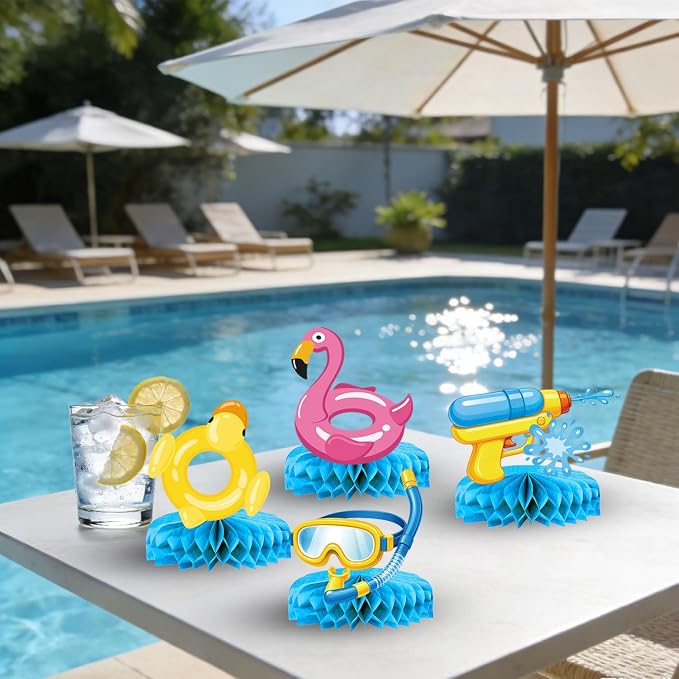 Pool Birthday Party Decorations - Plates, Napkins, Cups, Cutlery, Honeycomb Centerpieces, Banner, Hanging Swirls, Tablecloths, Toppers, Balloons for Hawaii Summer Pool Party Decorations, Serves 20