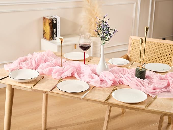 Blush Pink Spring Table Runner Boho Cheesecloth Table Runner 120 inches Crinkled Gauze Sheer Mother's Day Table Centerpieces for Wedding Ceremony Anniversary Bridal Baby Shower Banquet