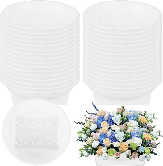 36 Pcs Floral Arrangement Bowls - 6.3 Inch Plastic Design Trays with Water Reservoir, Round Top & Square Base - Secure White Containers for Wedding Centerpieces, Party & DIY Florist Supplies (No Foam)