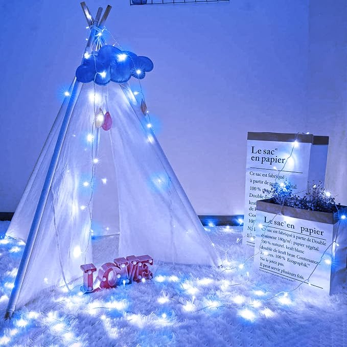 100 LED Christmas Lights Outdoor, 33ft Christmas String Lights for Bedroom 8 Modes Waterproof Plug in Twinkle Fairy Light for Indoor Outside Bedroom Home Party Decoration, Blue&White