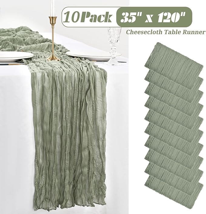 Showgeous 10 Pack Sage Green Cheesecloth Table Runner, 10FT Long Semi-Sheer Boho or Rustic Gauze Table Runner Wedding Table Decor for Wedding Arch Draping Bridal Shower Holiday Party St Patricks Day