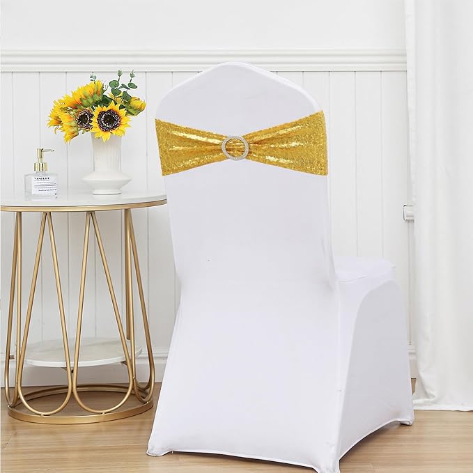 Double-Sided Sequins Gold Chair Sashes for Wedding Decor, Golden Sequin Chair Sashes Bands with Silver Buckles, Chair Bows for Party Ceremony Event Christmas Decorations - 100 Pack