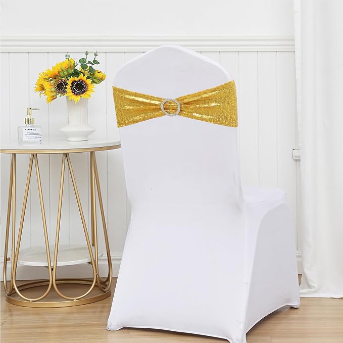 Full Sparkly Sequins Gold Chair Sashes for Wedding, Shimmering Glitter Chair Bands Bows for Party Ceremony Event Decorations - 50 Pack