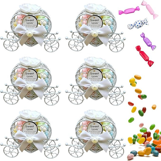Tissting 6Pcs Heart Shaped Carriage Design Candy Boxes, 12cm/4.72in Metal Hollow Treat Case Mini Favor Candy Boxes for Wedding Valentines Day Party Decor (White)