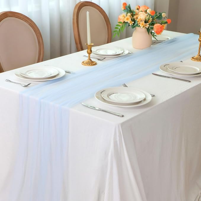 Snowkingdom Light Blue Table Runner 10FT, Baby Blue Sheer Cheesecloth Gauze Runner 120 Inch, Rustic Boho Party Table Decoration for Wedding Bridal Baby Shower Birthday Christmas Winter Holiday