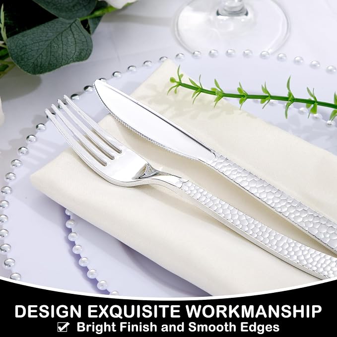 Supernal 180Pcs Silver Plastic Silverware Set, Elegant Hammered Design Heavy Duty Disposable Cutlery, Includes 60 Forks, 60 Knives, 60 Spoons,Silver Plastic Utensils for Wedding, Parties,Events