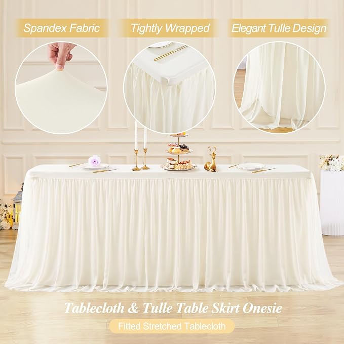 2 Pack Ivory Tablecloths for 8 Foot Rectangle Tables with Tulle Table Skirt Wedding Table Cover Stretchy Fitted Ruffle Tutu Tablecloth for Baby Shower Reception Birthday Parties Celebration Banquet