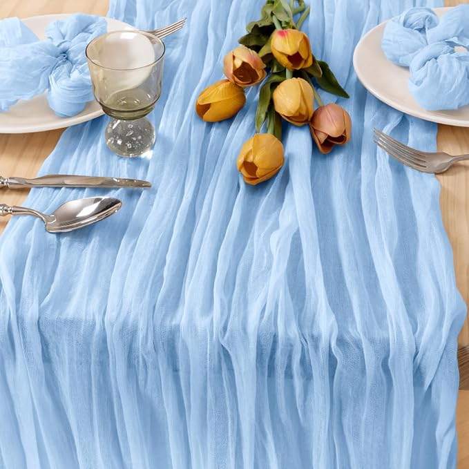 MLMC Light Blue Table Runner Baby Blue Cheesecloth Table Runner 10ft Baby Shower Decorations Rustic Gauze Cheese Cloth Centerpiece 35x120 Inches for Gender Reveal Birthday Party Wedding Decor
