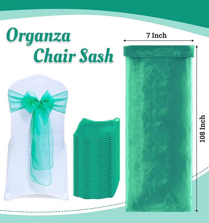 MDS® Pack of 75 Organza Chair Sashes for Wedding Decoration, Reusable Sheer Chair Bows for Banquet Chair Cover, Reception, Bridal Shower, Baby Shower, Birthday Party & Special Events - Green