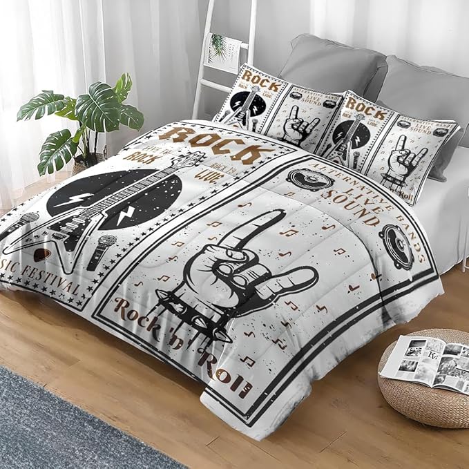 Pamnest Comforter Set King Size, Rock Roll Guitar Soft 3 Pcs Bedding for Kids and Adults, Retro Star Music Comforter Set with 2 Pillowcases, for Bedroom Bed Decor