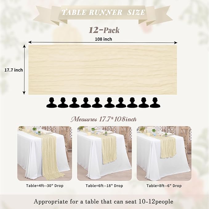 12 Pack Cheesecloth Table Runner,Ivory Table Runner Long Romantic Semi Sheer Rustic Boho Gauze Table Runners for Wedding Bridal Shower Birthday Party Decorations(17.7×108 Inch)