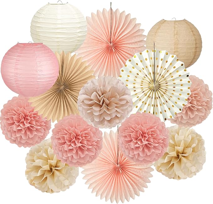 ADLKGG Champagne Gold Pink Party Decorations, 14 Pcs Hanging Paper Fans, Lanterns, Pom Poms, Neutral Boho Backdrop for Baby Shower, Birthday, Bridal Shower, Wedding, Spring Party