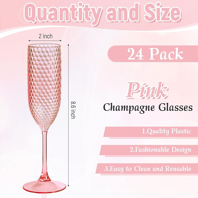 Pesonlook 24 Pack Plastic Champagne Glasses Pink Reusable Diamond Crystal Clear Wine Glasses Diamond Wine Cups Vintage Drinking Glasses for Wedding Reception, Grand Event Party Supplies