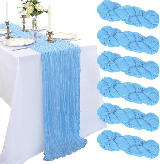 6 Pack 10FT Baby Blue Cheesecloth Table Runner 120 Inch Long Gauze Rustic Boho Spring Cheese Cloth Table Runner Sheer Fabric Decorations for Holiday Party Wedding Banquet Bridal Baby Shower Décor