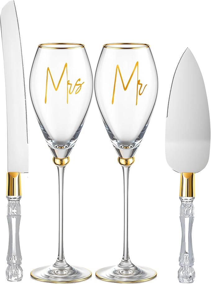 Boao 4 Pcs Wedding Cake Knife and Champagne Flutes Server Set, Wedding Reception Supplies Toasting Flutes Cylinder Champagne Glasses Cake Cutting Set for Engagement Gifts(Gold)