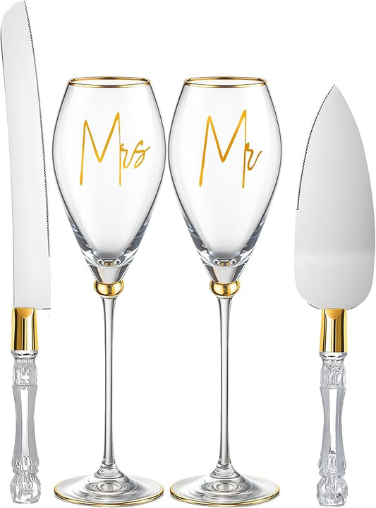 Boao 4 Pcs Wedding Cake Knife and Champagne Flutes Server Set, Wedding Reception Supplies Toasting Flutes Cylinder Champagne Glasses Cake Cutting Set for Engagement Gifts(Gold)