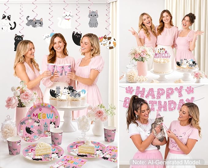 363pcs Cat Birthday Decorations for 50 People, Complete Paper Cat Themed Birthday Party Set Includes 100 350gsm Plates 24 Cupcake Toppers and 2 Waterproof Tablecloths