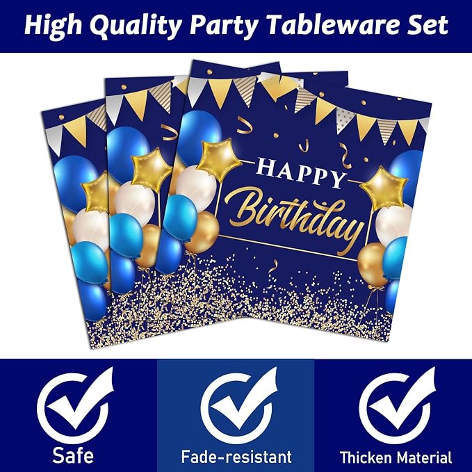 gisgfim 50 Guests Blue and Gold Birthday Plates and Napkins Party Supplies Navy Blue Party Tableware Set Blue Birthday Decorations Favors for Men Women Baby Shower 200 PCS