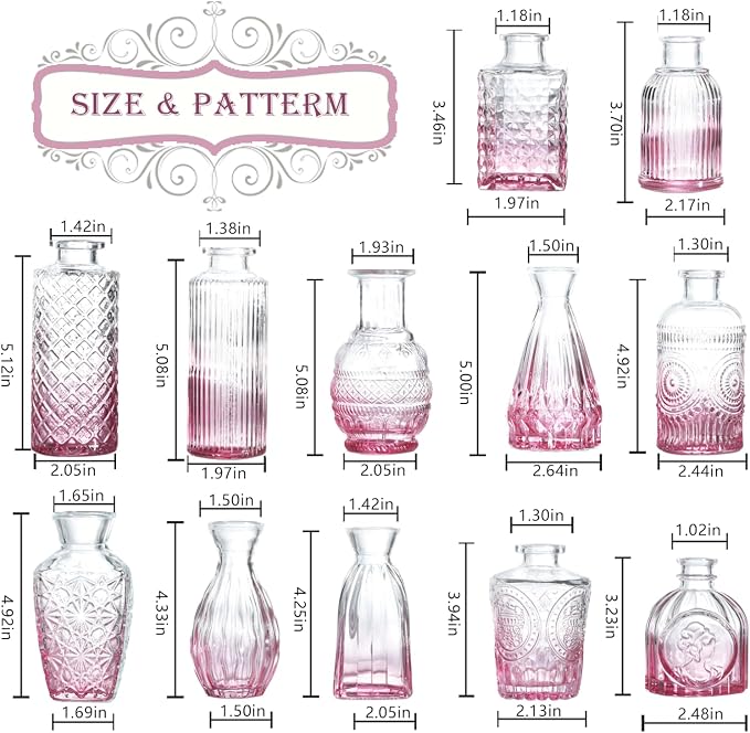 Bud Vases Set of 12,Glass Bud Vases in Bulk,Small Flower Vases for Centerpieces,Mini Vintage Vase for Wedding, Home Table Decor,Christmas,Party Decoration,Pink