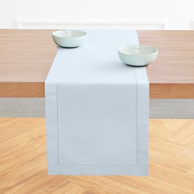 Solino Home Cotton Linen Light Blue Table Runner 72 Inches Long - Hemstitch Table Runner 14 x 72 Inch for Dresser, Dining, Spring, Summer, Mothers Day