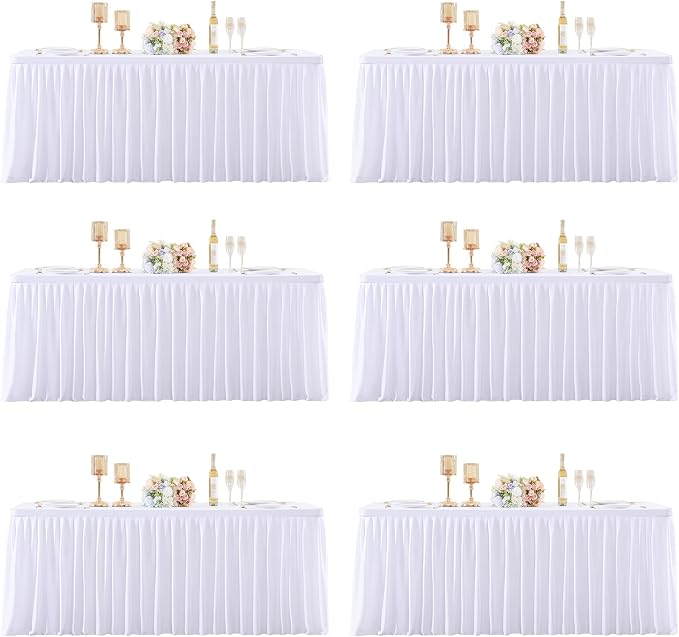 6 Packs White Tableclothes for 8 Foot Rectangle Tables, Wrinkle Free Fitted Table Cloth 8ft Stretch Table Cover with Skirt for Parties Weddings Birthday Banquet Baby Shower