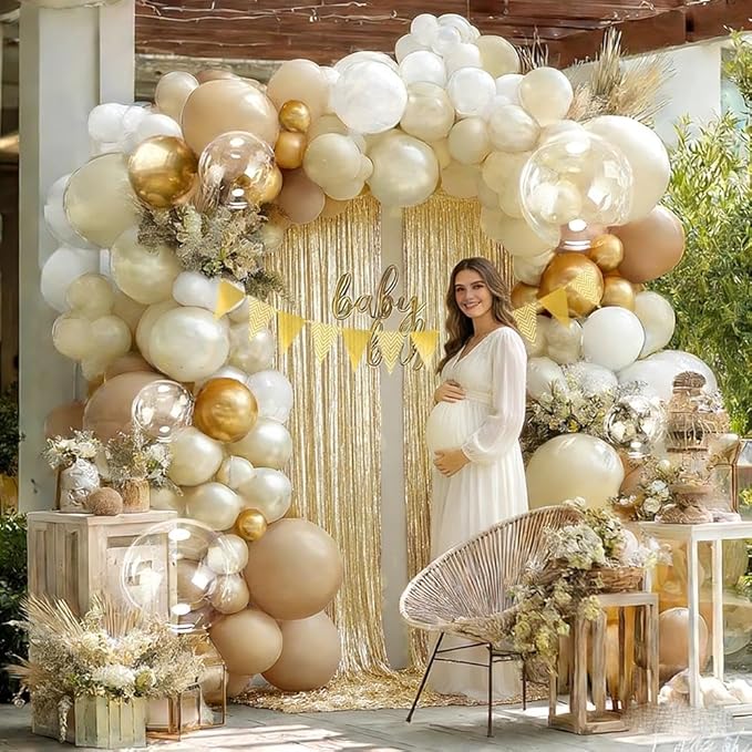 White Sand Gold Balloon Garland, Double Stuffed Pearl White Gold Cream Beige Balloons Clear Bobo Latex Balloon Arch Kit for Wedding Bridal Shower Birthday Baby Shower Gender Reveal Party Decorations