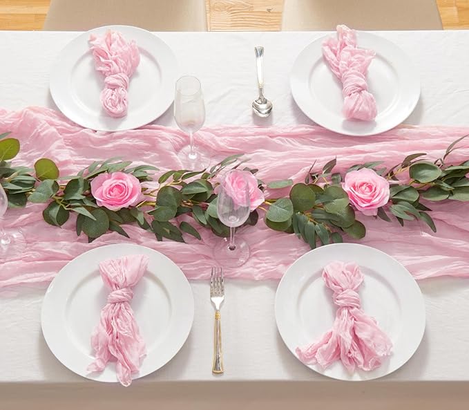 12 Pack Pink 10 Ft Cheesecloth Table Runner 20x120 Inch Boho Wrinkled Sheer Romantic Gauze Decor for Wedding, Bridal Shower, Birthday Party