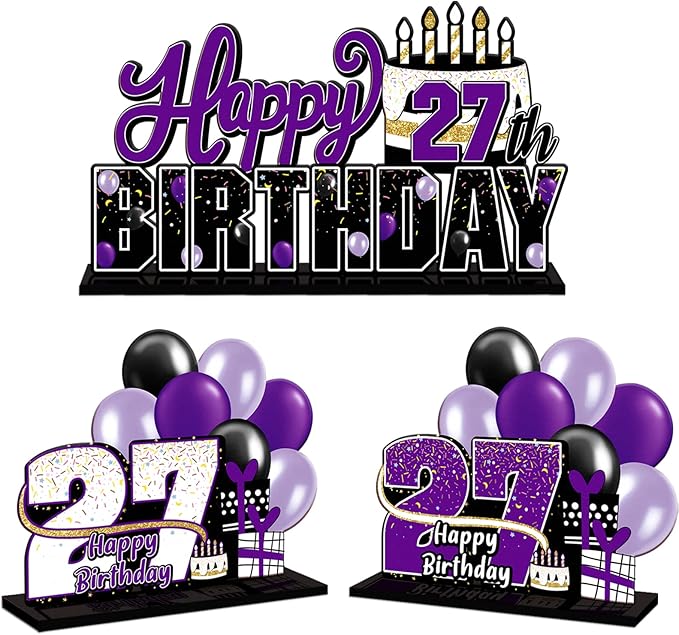LINGTEER Happy 27th Birthday Purple Acrylic Table Topper Centerpieces Set - Cheers to 27 Years Old Birthday 27th Bday Party Gift Decorations.