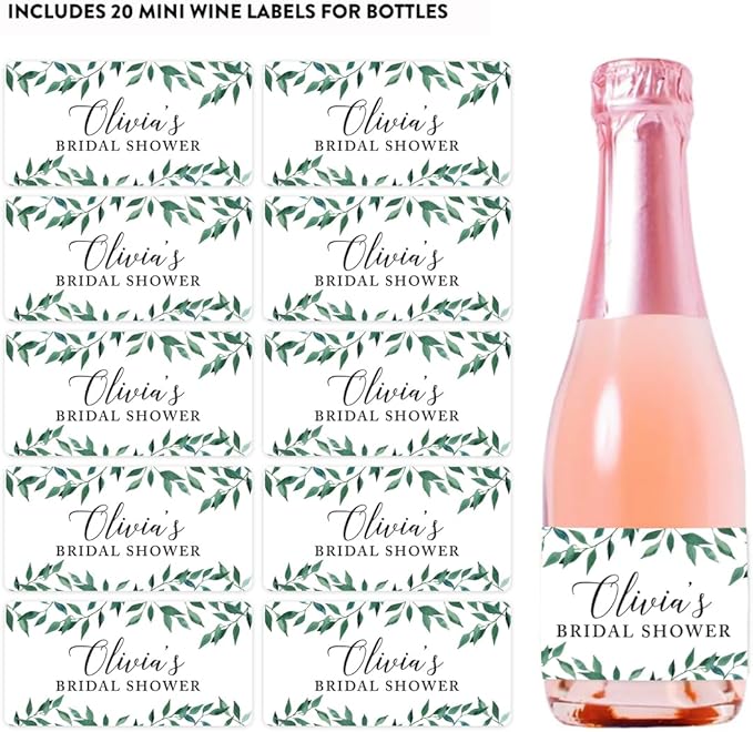 Andaz Press Personalized Bridal Shower Mini Wine Labels for Bottles, Greenery Green Leaves 20-Pack Custom Mini Champagne Bottles Bulk Waterproof Bridal Shower Wine Bottle Labels