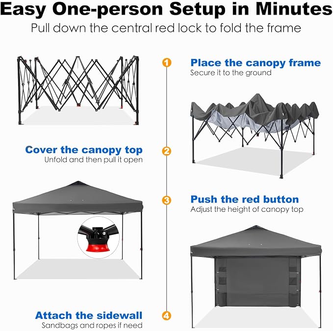GAFETE 10×10 Pop Up Canopy Tent with 1 Pockets Sidewall, Easy up Sun Shade with One Push Setup, Portable Instant Outdoor Canopy Tent for Events Parties Camping with Carrying Bag (Gray, 10x10 FT)