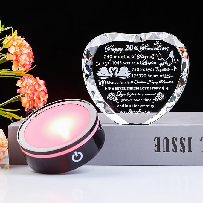 YWHL 20th Anniversary Crystal Heart Gifts for Wife Husband, Laser Engraved Romantic 20 Year Wedding Anniversary Crystal Keepsake Gifts for Her Him, 20 Years of Marriage Gift for Couples Friends