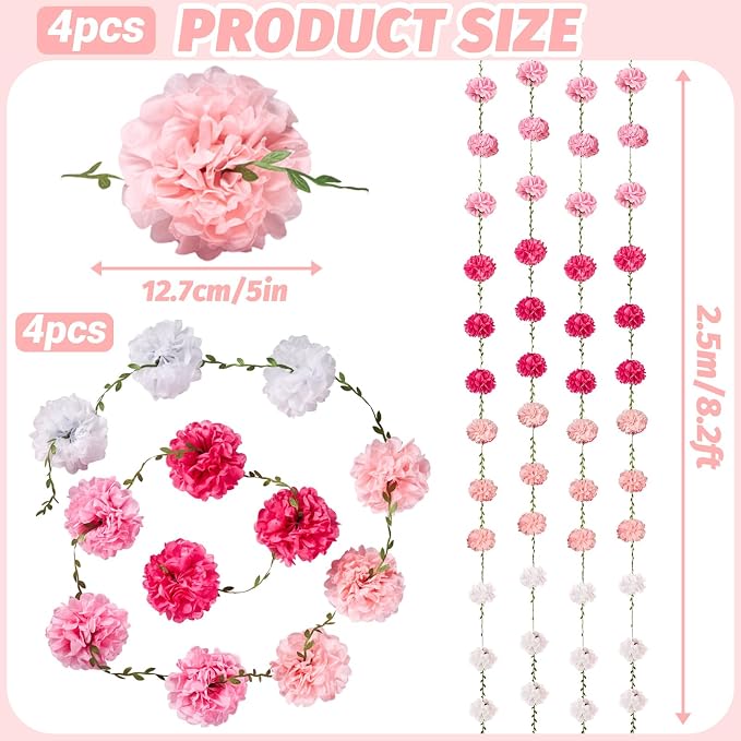 Gradient Pink Tissue Paper Pom Pom Garlands, Paper Flowers for Birthday Decorations, Baby Shower, Wedding Engagement, Bridal Shower, Spring Summer Party Decorations, 4 Pcs
