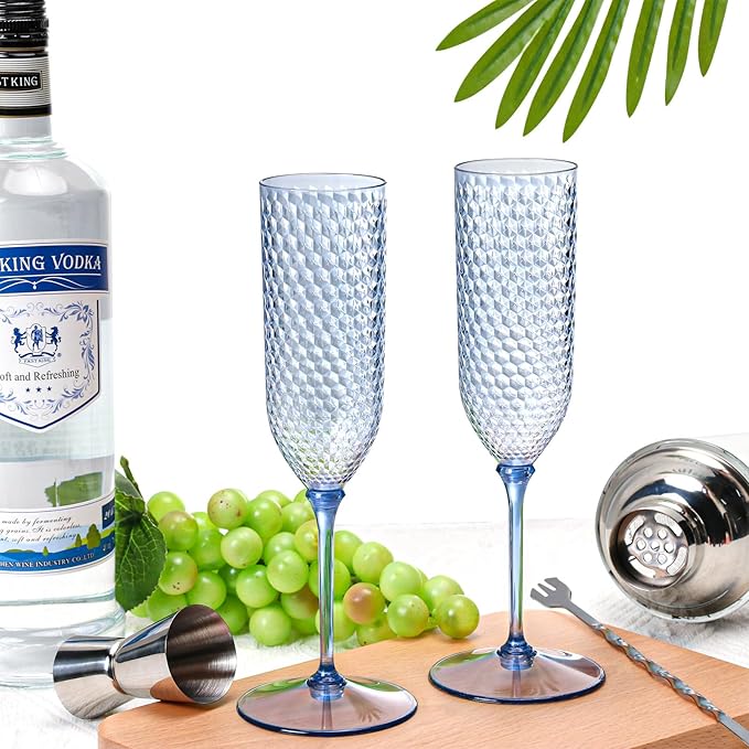 XUWAIDSGN 24 Pack Blue Detachable 2 piece Champagne Flutes 5.5 Oz Unbreakable Plastic Mimosa Disposable Champagne Glasses Drinking Cups Stemmed Reusable Wine Toasting Glasses for Wedding