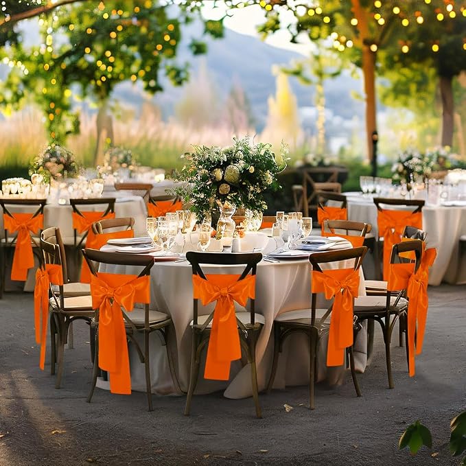 10 Pcs Orange Satin Chair Sashes Bows Universal Chair Cover for Wedding Reception Events Banquets Party, Hotel Event Decorations, 6 x 108 inch