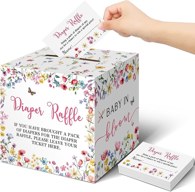 Teling 51 Pieces Diaper Raffle Tickets with Card Box Baby Shower Decorations Gender Reveal Holder Box for Girl Boy Diaper Raffle Party (Baby In Bloom)