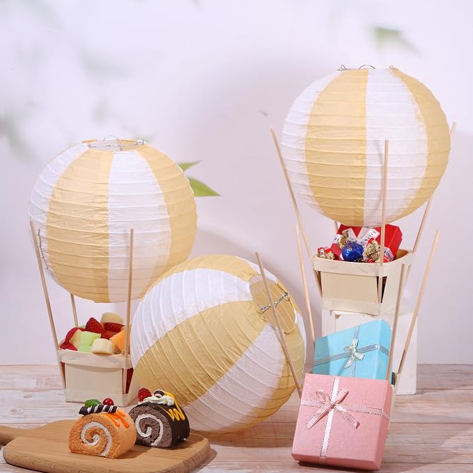 Namalu 24 Set Hot Air Balloon Table Centerpieces Baby Shower Party Decoration Paper Lanterns with Wooden Basket Sticks for Summer Birthday School DIY Craft(White Khaki)