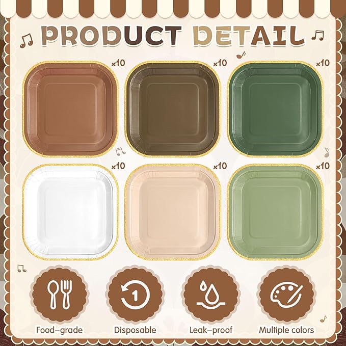 60 Pcs Woodland Green and Brown Paper Plates 7 Inch Gradient Disposable Square Dessert Party Plates with Gold Edge for Birthday Wedding Bridal Baby Shower Party Supplies, 6 Colors