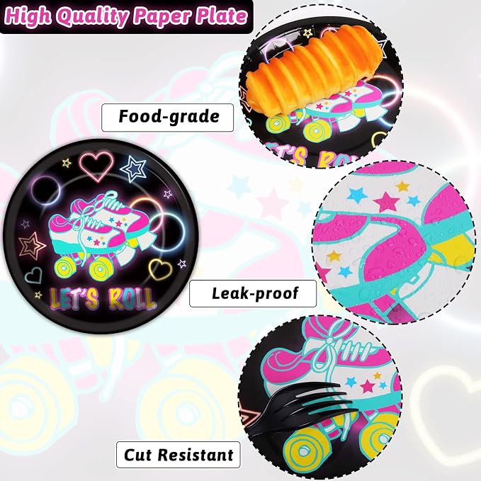 96pcs Roller Skating Party Supplies Tableware Set Retro Roller Skate Party Paper Plates Napkins Set Favors for Boys Girls Teens Birthday Dinnerware Decorations, Serve 24