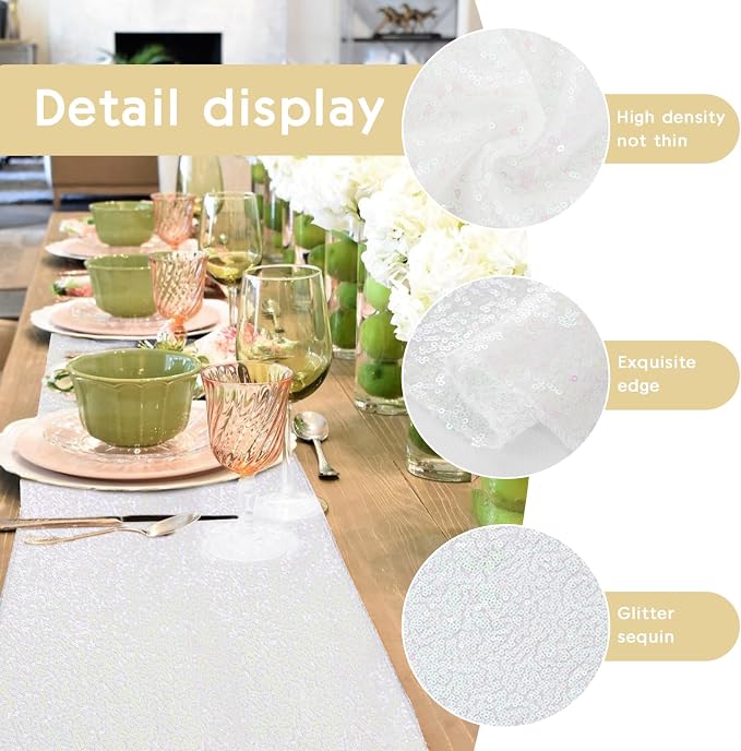10 Packs 12 x 72 inches Sequin Table Runner, White Iridescent Glitter Table Runner for Birthday Party Supplies Wedding Engagement Baby Shower Holiday Celebration Event Decorations