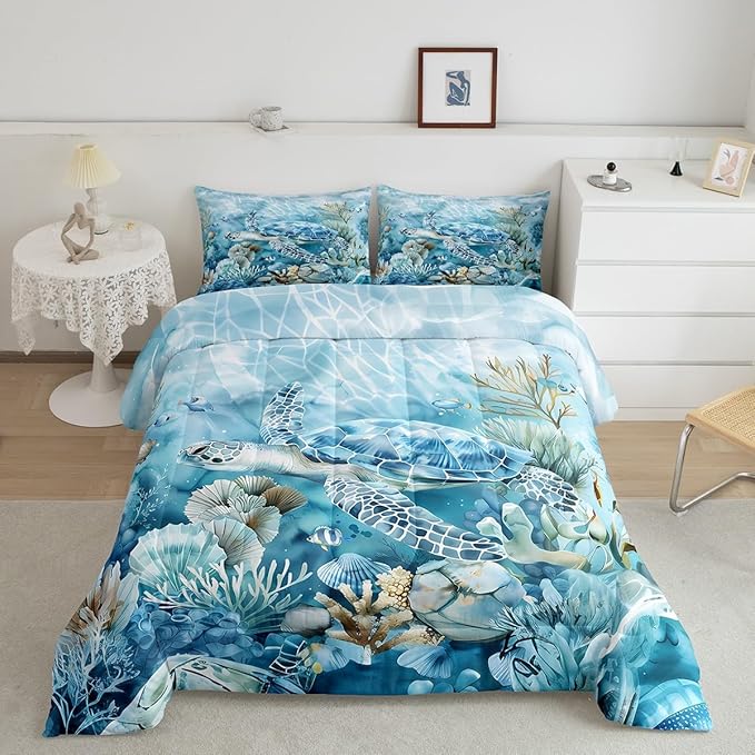 Feelyou Sea Turtle Comforter Set King Size Kids Summer Theme Comforter for Boys Girls Teens Ocean Marine Themed Bedding Set Underwater Animal Duvet Set Reptile Tortoise Quilt