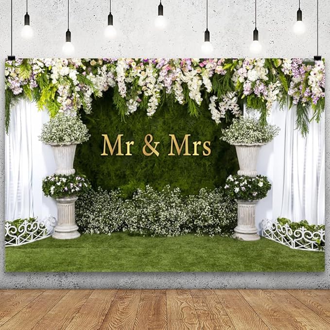 YongFoto Mr and Mrs Wedding Party Backdrop 10x5ft Floral Grass Wall White Sheer Curtain Flower Arch Photography Background Lover Marriage Proposal Bridal Shower Reception Photo Booth Props Banner