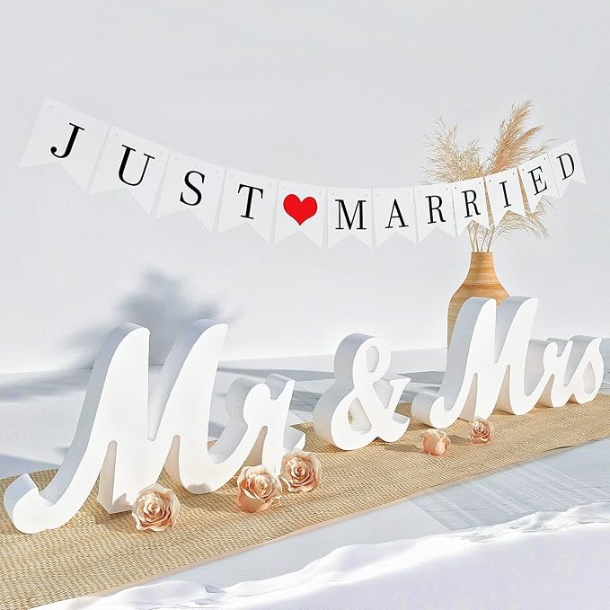 VIOPVERY Mr and Mrs Sign for Wedding Table,Large White Mr and Mrs Sign,Wooden Letters,Mr & Miss Sign with Just Married Banner Wedding Decorations for Anniversary