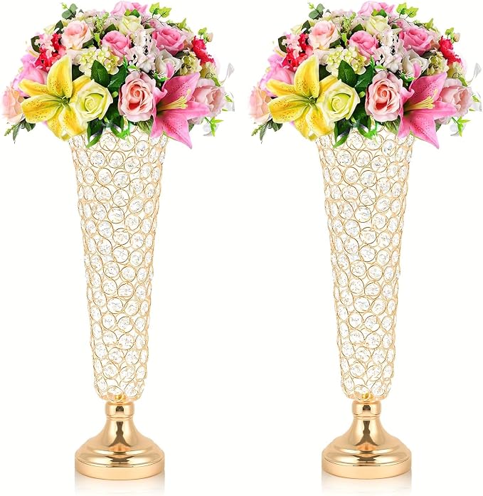 2-Pack 18.5" Tall Gold Vases, Engraved Crystal Trumpet Vase, Gorgeous Centerpiece Flower Stand | Artificial Flower Arrangement for Weddings, Anniversaries | Home & Party Decor Display