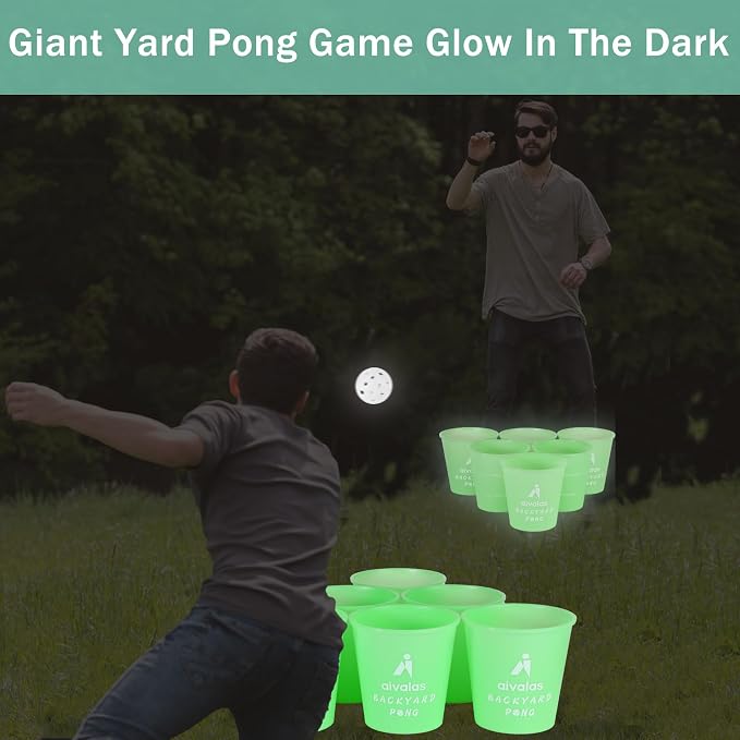 Aivalas Yard Pong Outdoor Games Glow Set in Dark for Adults,Family and Kids,Giant Yard Pong for Beach,Camping,Lawn,Backyard and Yard Parties,with Buckets, Balls and Carrying Bag