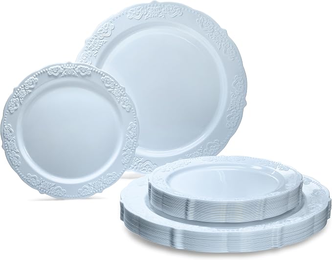 OCCASIONS 50 Disposable Party Plates for 25 Guests (Portofino Plain Blue) | Plastic, 10.25" Dinner & 7.5" Salad/Dessert, Heavy Duty, Fancy China-Like Look, Wedding Party, Baby Shower, BPA-Free