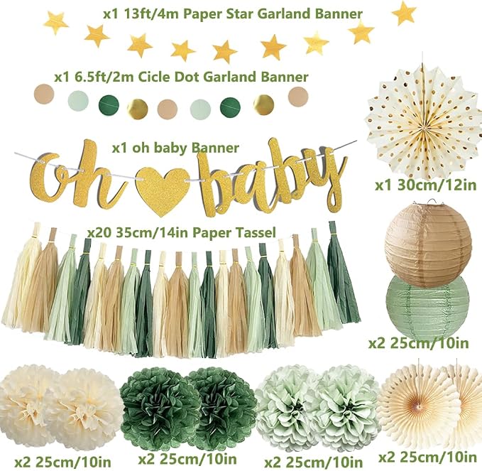 Sage Green Baby Shower Decorations Boy Oh Baby Banner Olive Sage Green Paper Pom Poms Paper Tassel Garlands for Baby Gender Reveal Party Decor