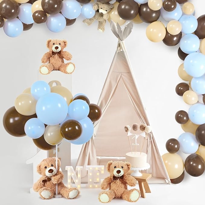Meooeck 185 Pcs Bear Baby Shower Party Decorations Table Centerpieces 5 Pcs 13. 5'' Gender Reveal Bears 180 Balloons Kit Baby Shower Table Decor for Birthday Wedding(Brown, Nude, Blue)