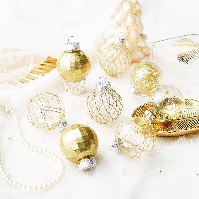CristBest 30ct Christmas Ball Ornaments-60mm/2.36" Shatterproof Clear Plastic Xmas Balls Baubles Set with Stuffed Delicate Sparkling, Hanging Christmas Tree Decorations(Gold)