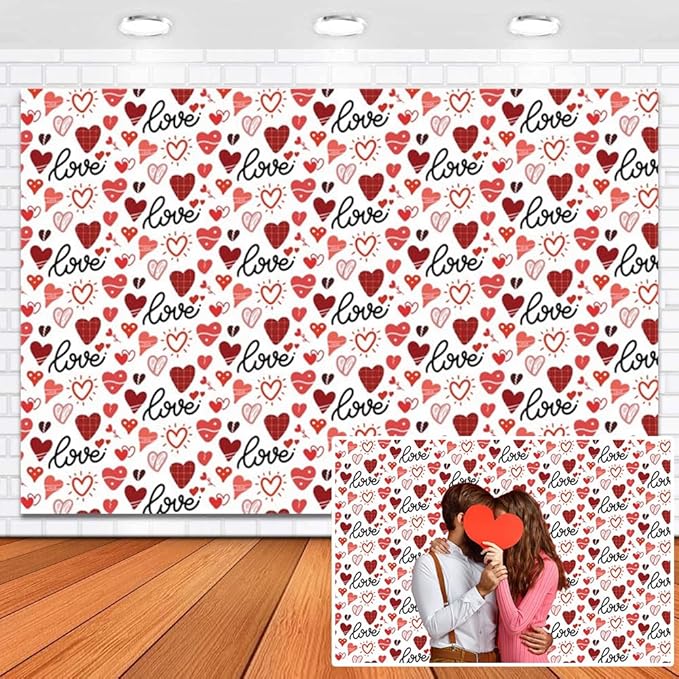 12x6ft Vinyl Valentines Backdrop White and Red Love Heart Photography Background Engagement Bridal Happy Valentine's Day Party Decorations Photo Props